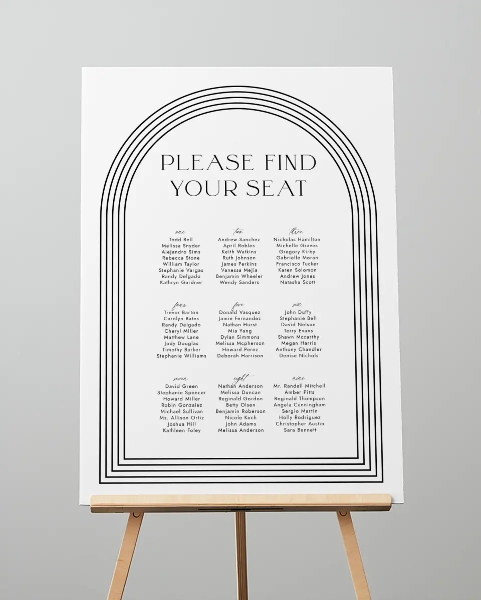 This is a 20" x 28" Seating Chart Sign called Passionate Arch printed in full color with Gold foil
