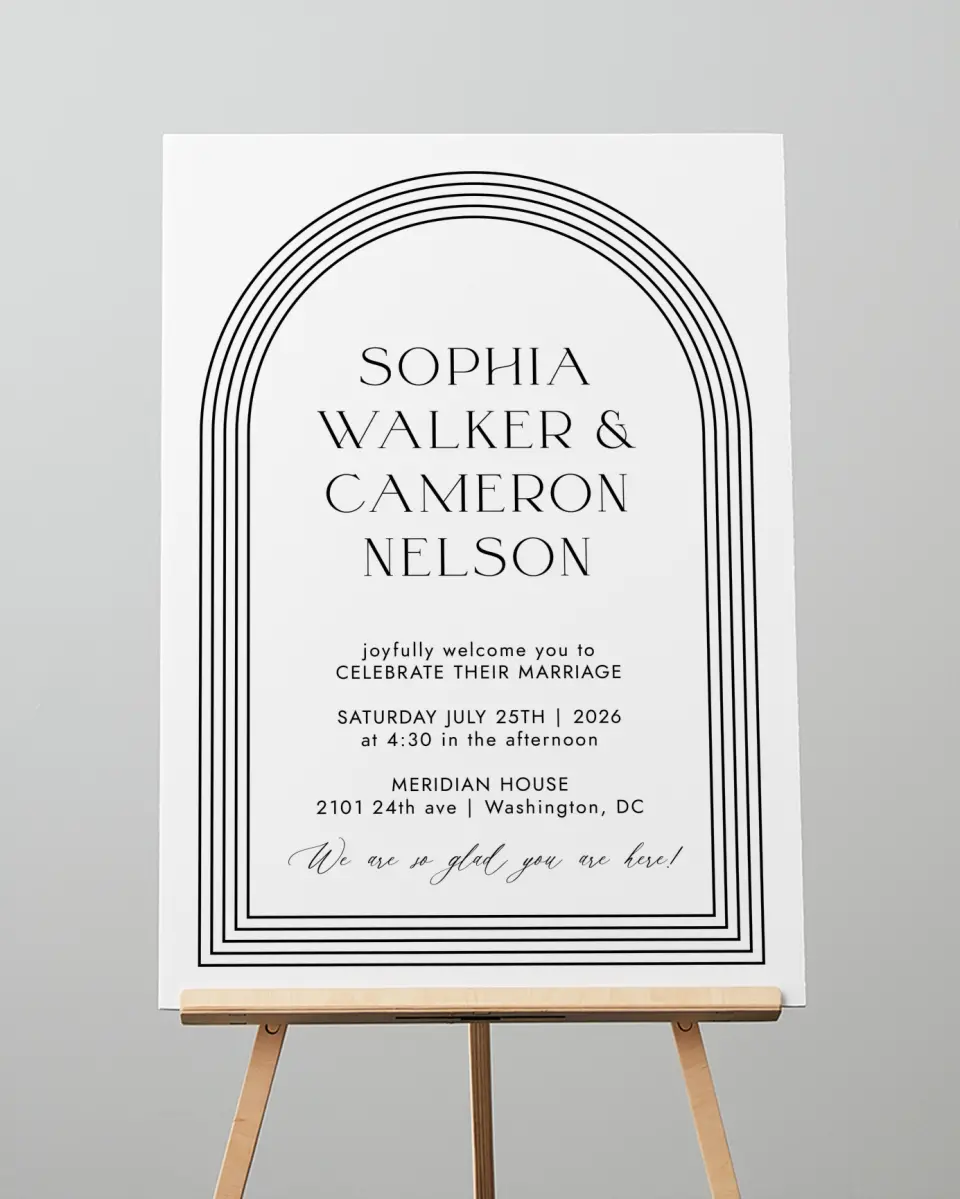 This is a 20" x 28" Welcome Sign called Passionate Arch printed in full color with Gold foil