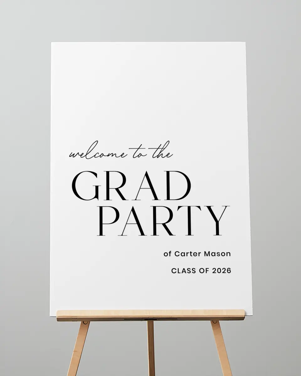 This is a 20" x 28" Welcome Grad Sign called Classy Cool Grad printed in full color with Silver foil