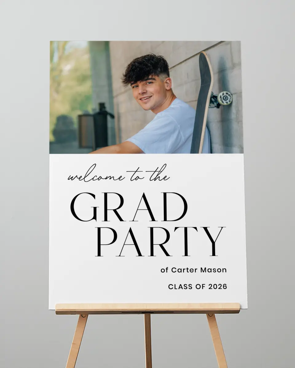 This is a 20" x 28" Welcome Grad Sign called Classy Cool Grad printed in full color with Silver foil