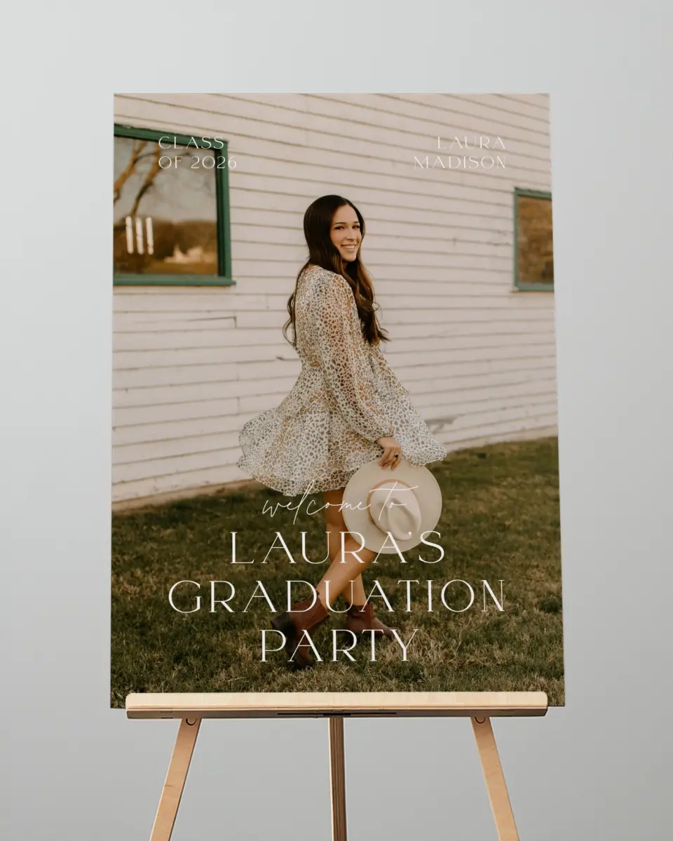This is a 20" x 28" Welcome Grad Sign called New Beginnings printed in full color