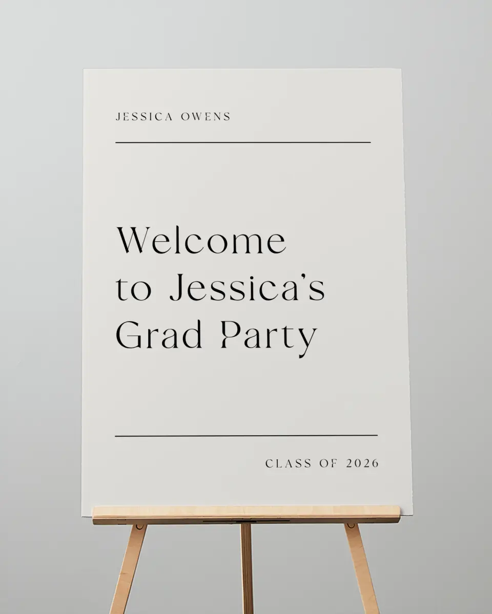 This is a 20" x 28" Welcome Grad Sign called Start of Something New printed in full color with Silver foil