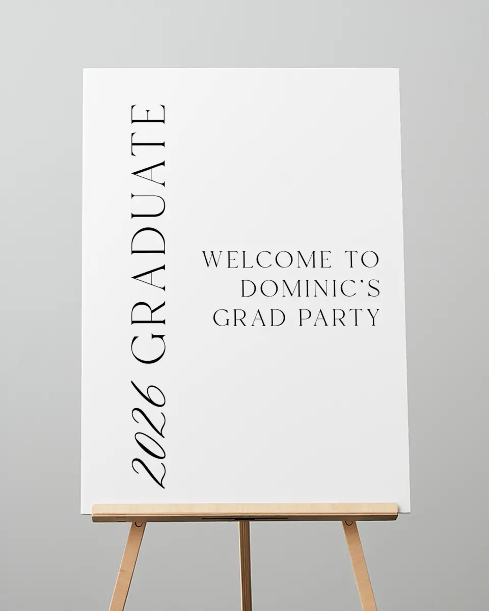 This is a 20" x 28" Welcome Grad Sign called Sophisticated Senior printed in full color with Silver foil