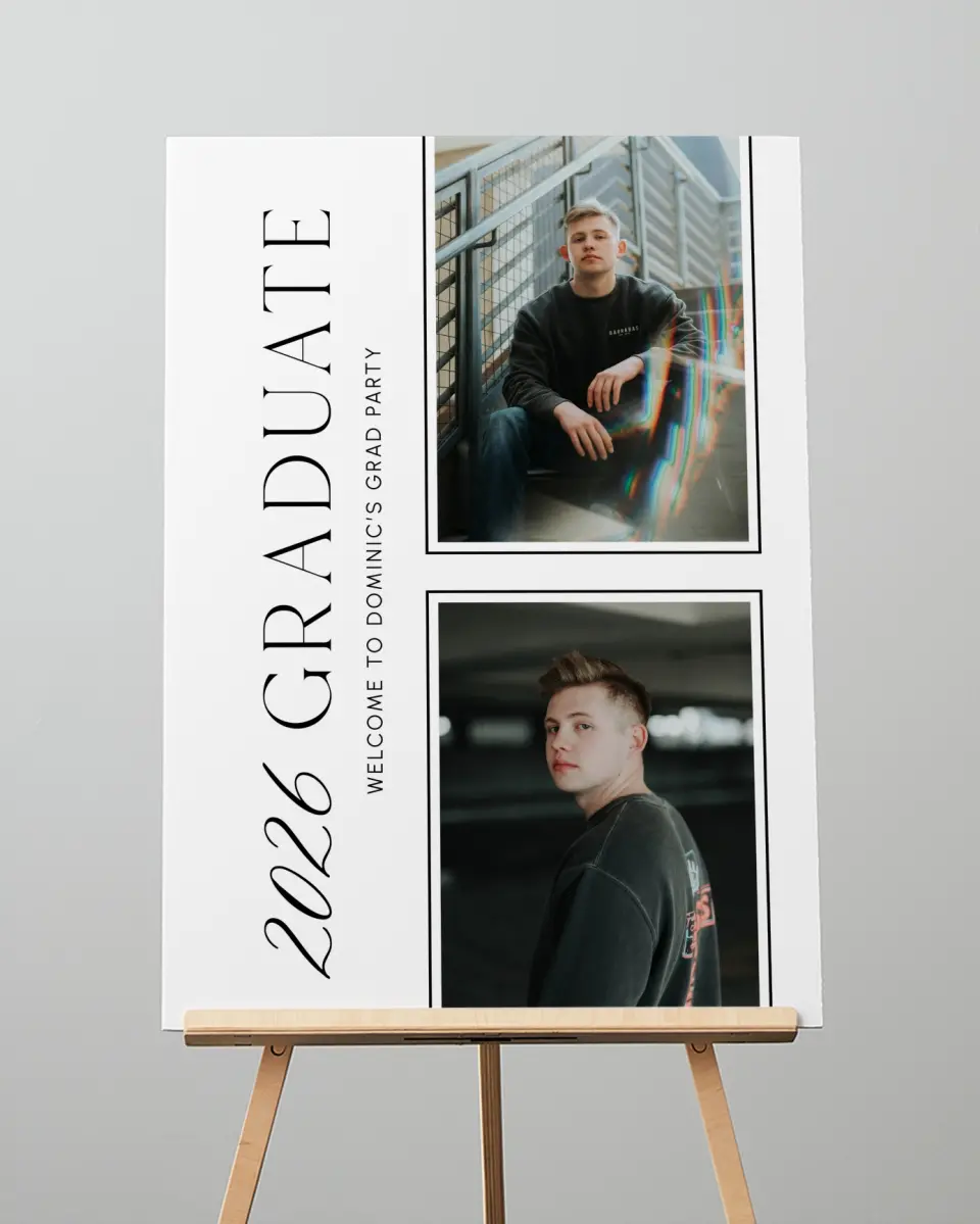 This is a 20" x 28" Welcome Grad Sign called Classy Cool Grad printed in full color with Silver foil