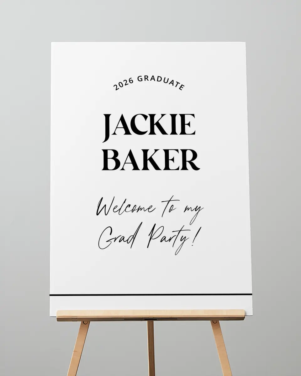 This is a 20" x 28" Welcome Grad Sign called Class Confidence printed in full color with Silver foil