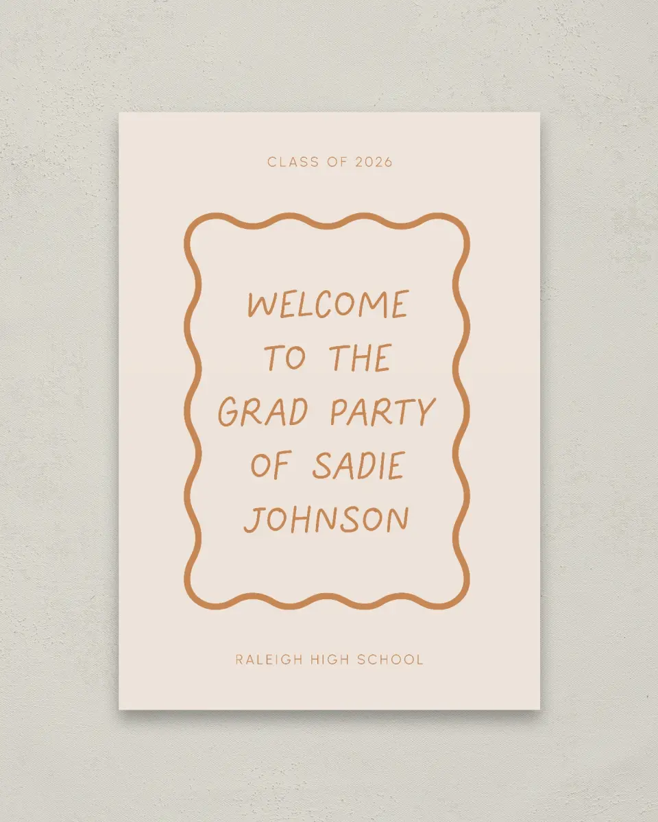 This is a 20" x 28" Welcome Grad Sign called Wavy Frame Fun printed in full color
