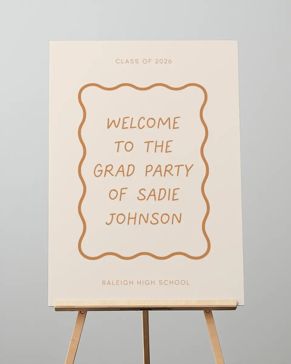 This is a 20" x 28" Welcome Grad Sign called Wavy Frame Fun printed in full color