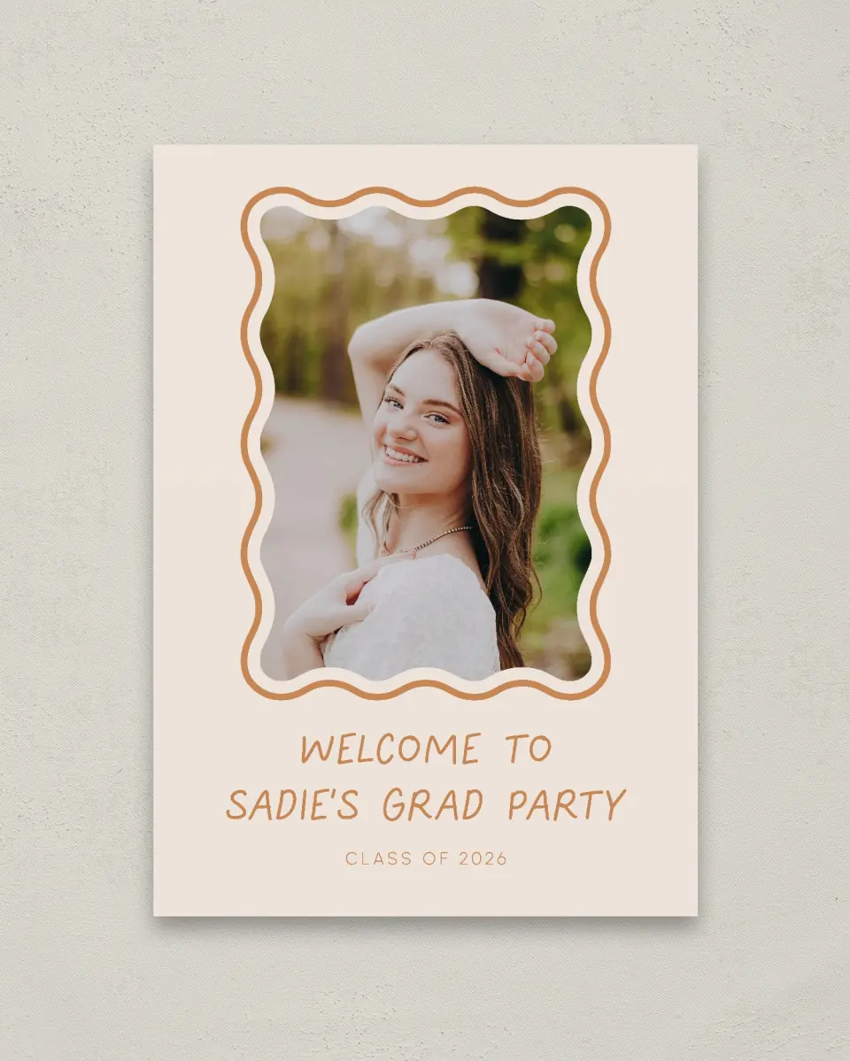 This is a 20" x 28" Welcome Grad Sign called Wavy Frame Fun printed in full color