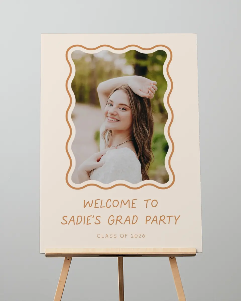 This is a 20" x 28" Welcome Grad Sign called Wavy Frame Fun printed in full color