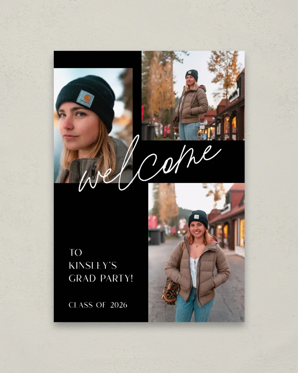 This is a 20" x 28" Welcome Grad Sign called A New Chapter printed in full color