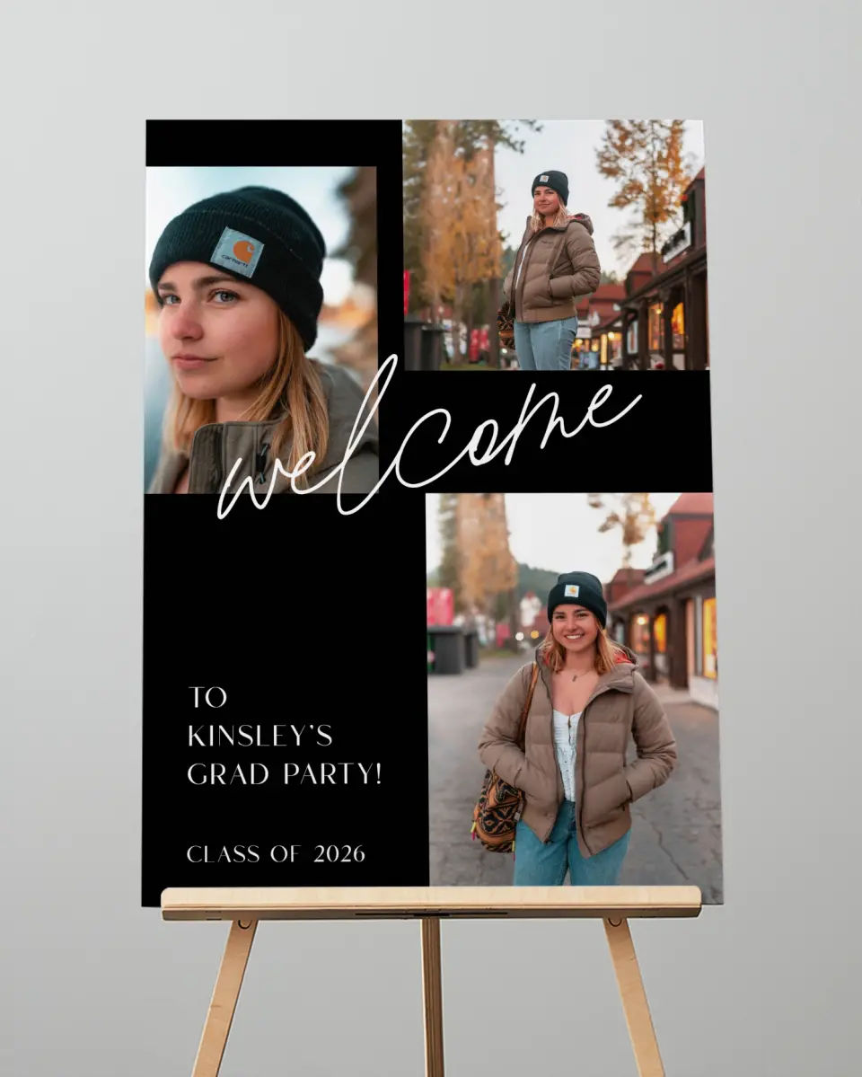 This is a 20" x 28" Welcome Grad Sign called A New Chapter printed in full color with Silver foil