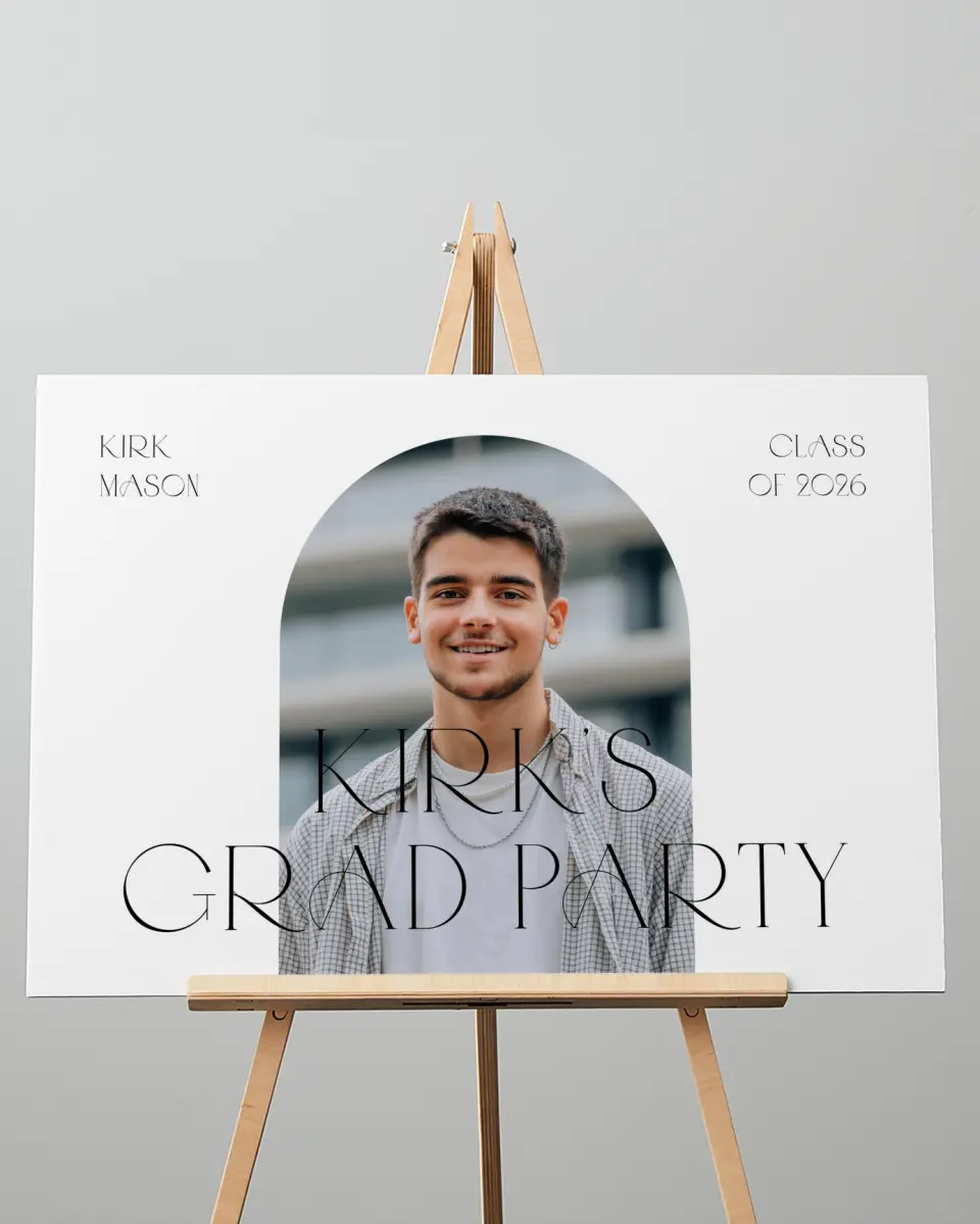 This is a 20" x 28" Welcome Grad Sign called Milestones and Memories printed in full color with Silver foil
