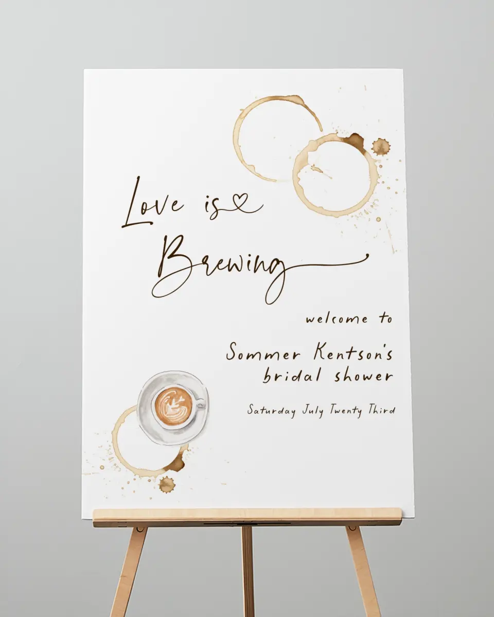 This is a 20" x 28" Welcome Sign called Love is Brewing printed in full color