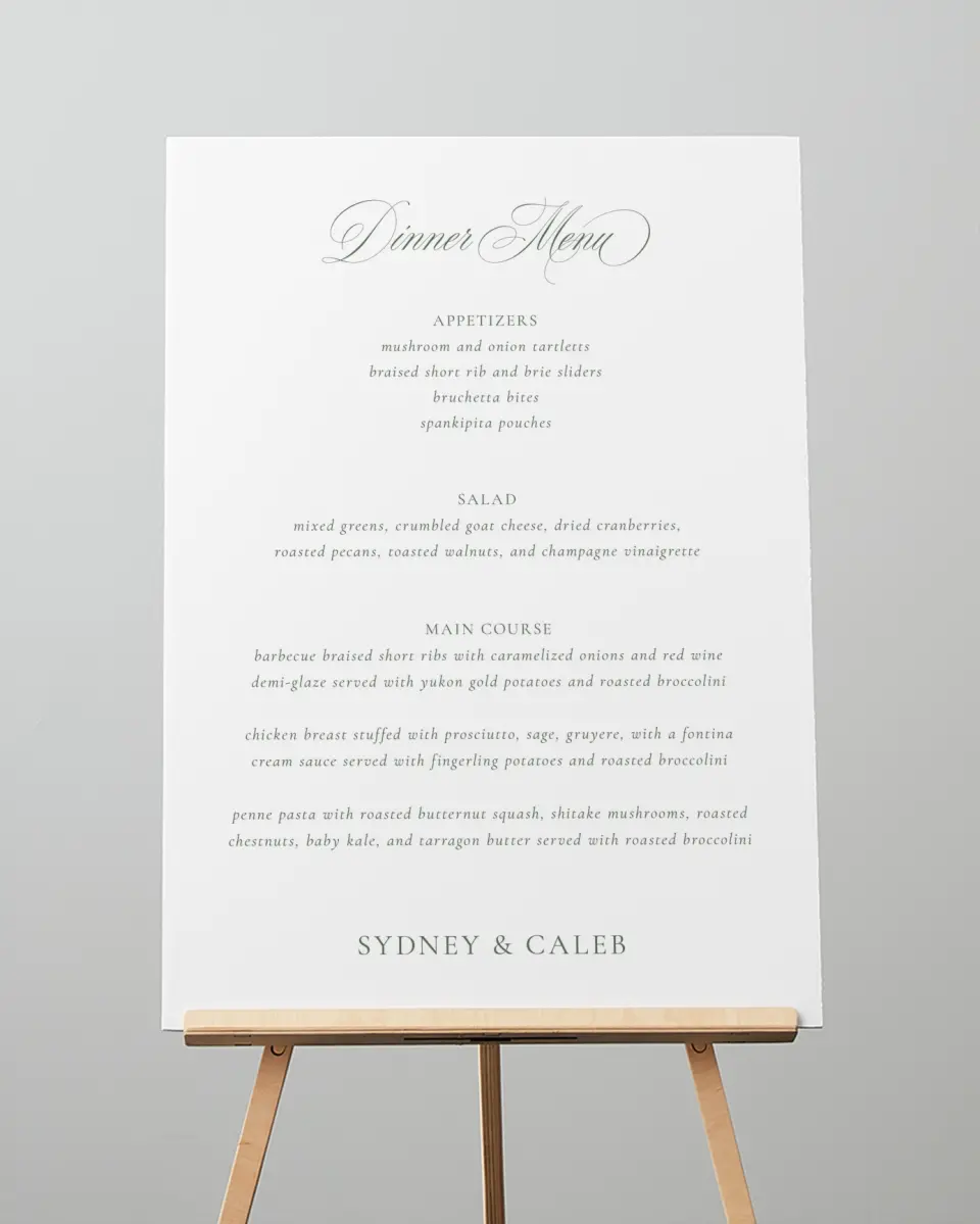 This is a 20" x 28" Menu Sign called Elegant Frame printed in full color