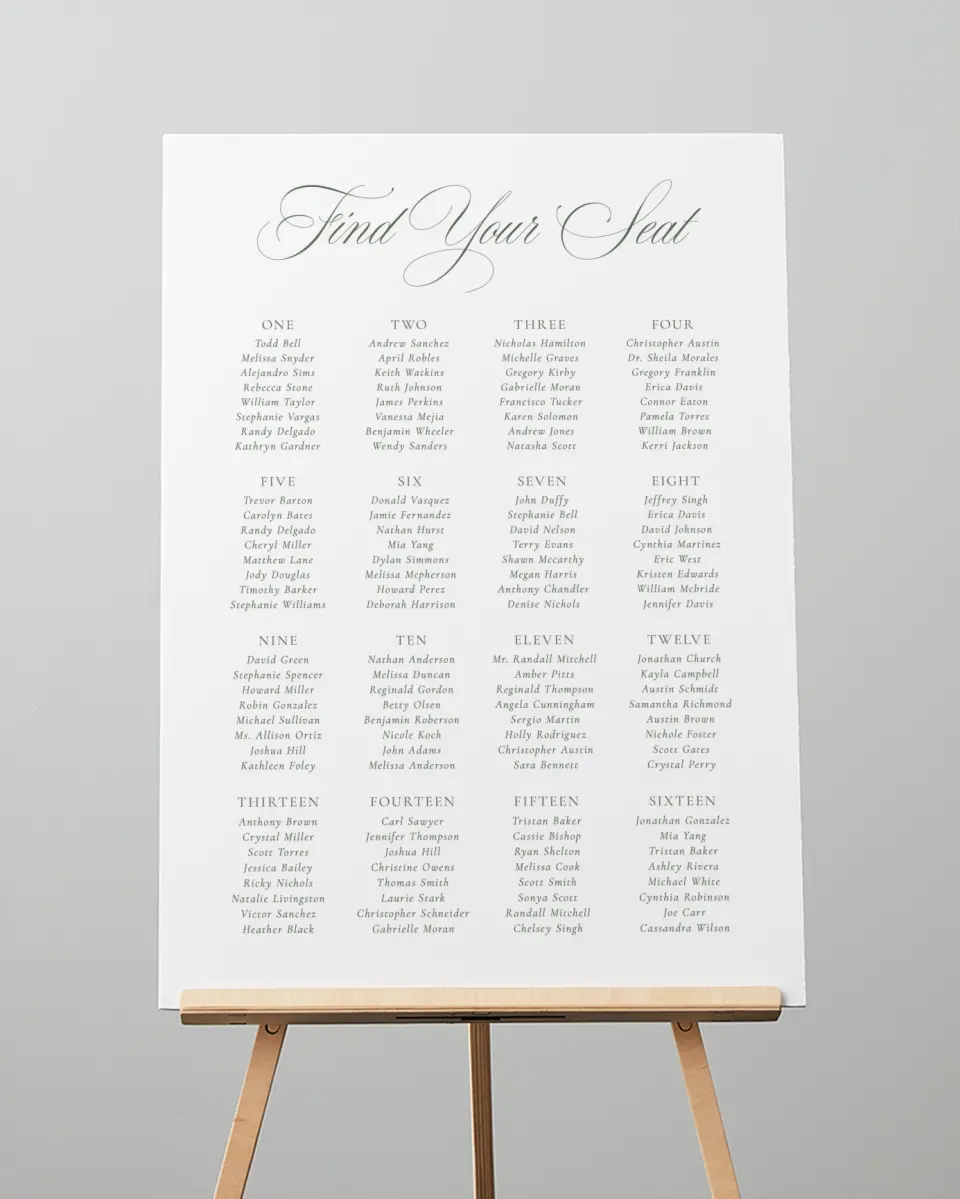 This is a 20" x 28" Seating Chart Sign called Elegant Frame printed in full color