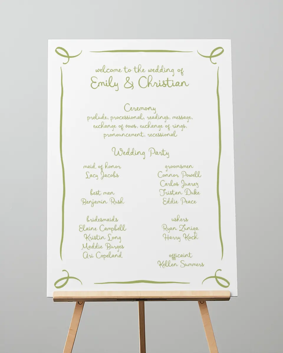 This is a 20" x 28" Ceremony Sign called Wedding Whimsy printed in full color
