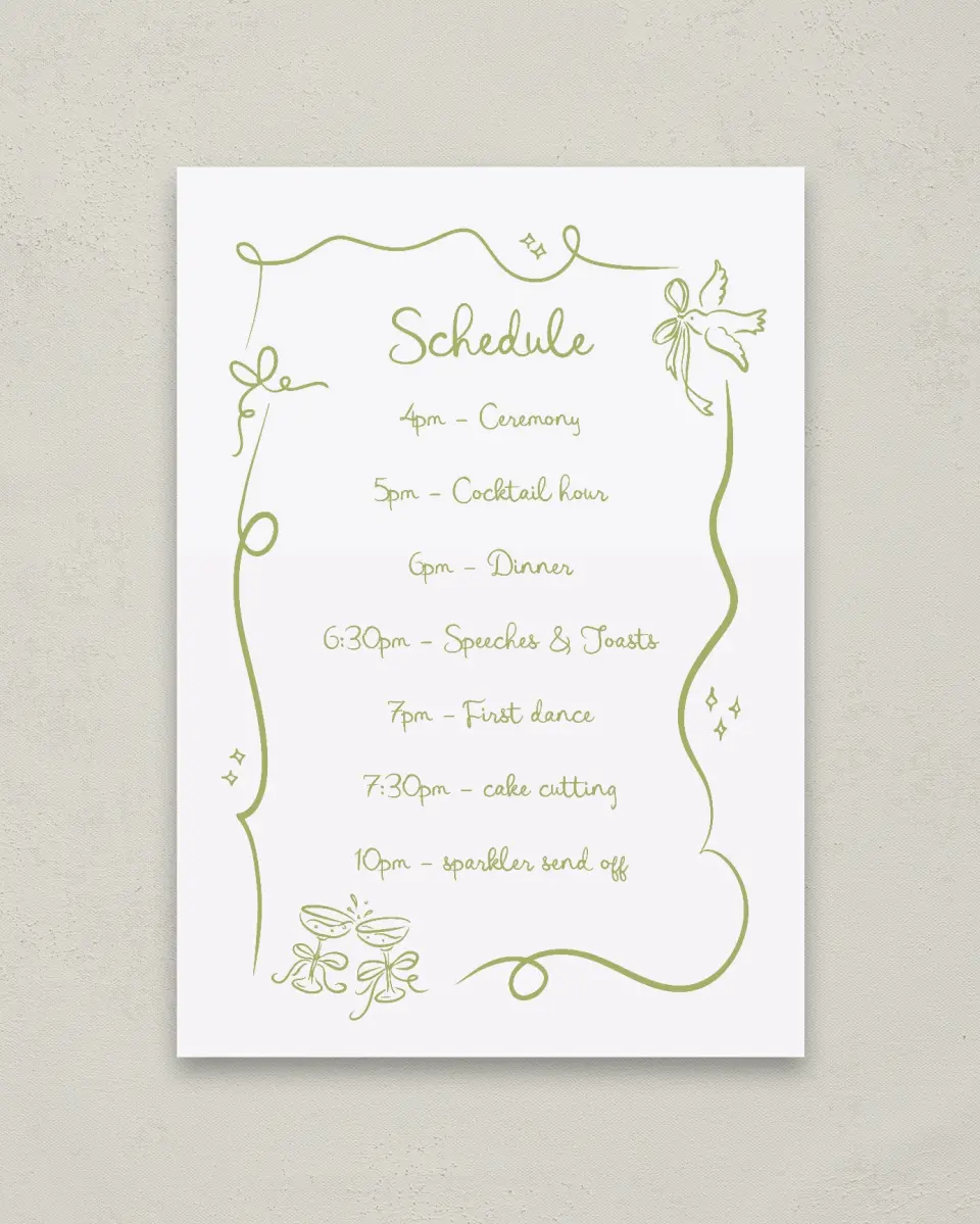 This is a 20" x 28" Schedule Sign called Wedding Whimsy printed in full color