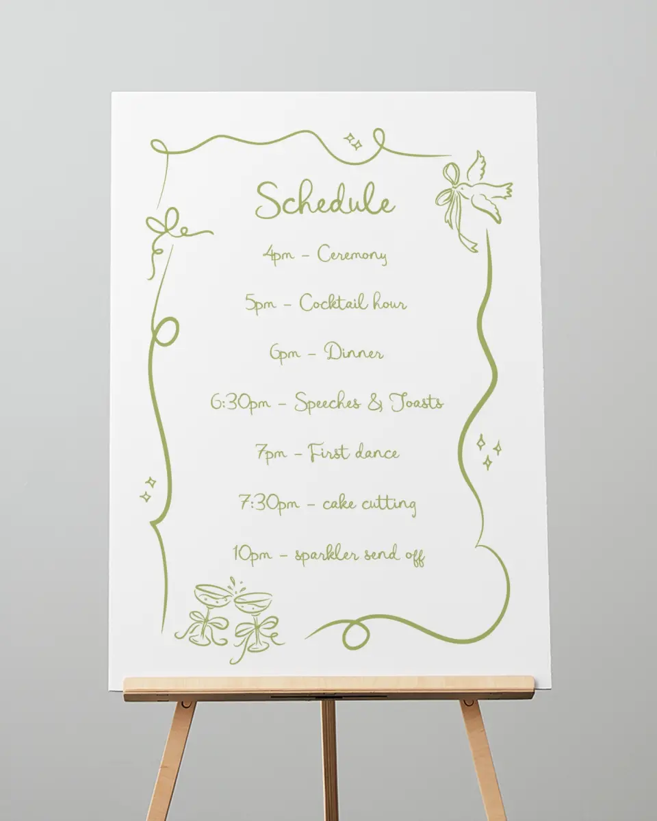 This is a 20" x 28" Schedule Sign called Wedding Whimsy printed in full color