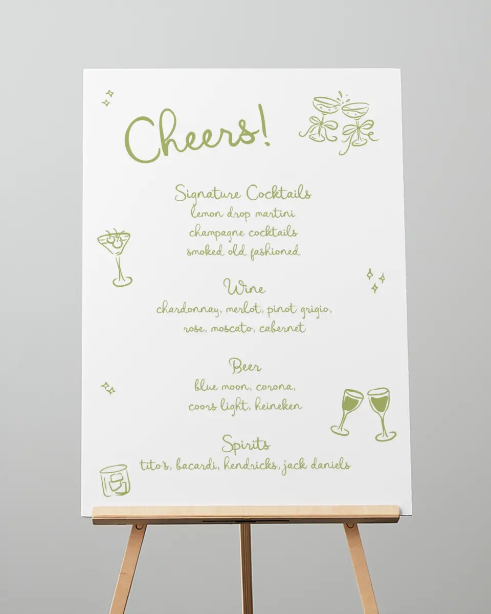 This is a 20" x 28" Menu Sign called Wedding Whimsy printed in full color with Silver foil