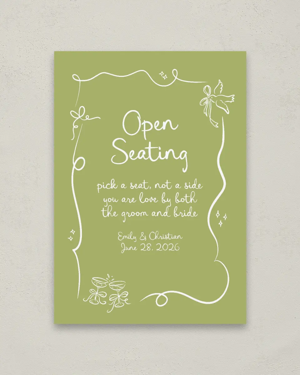 This is a 20" x 28" Pick a Seat Sign called Wedding Whimsy printed in full color