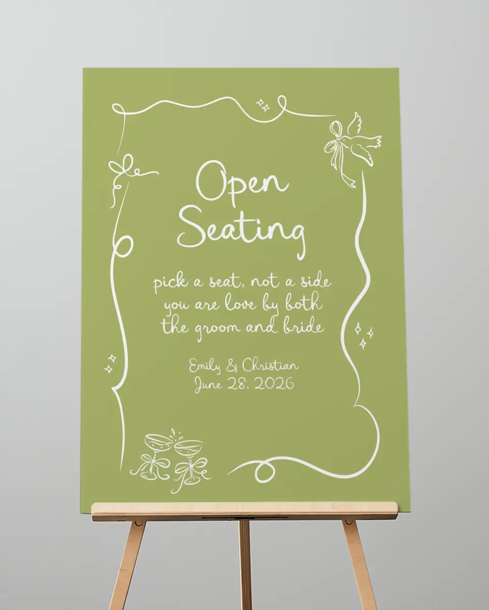 This is a 20" x 28" Pick a Seat Sign called Wedding Whimsy printed in full color