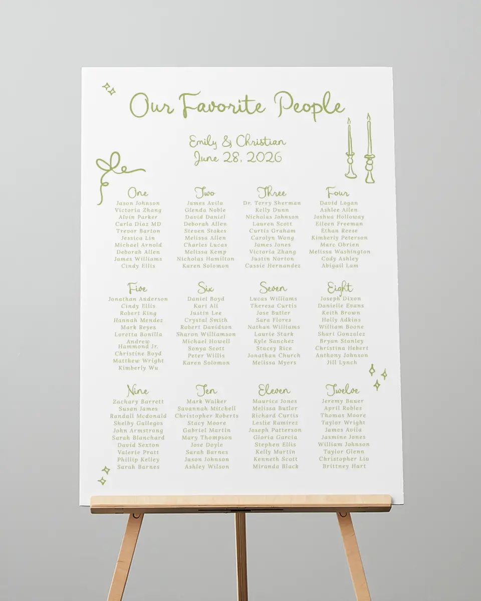 This is a 20" x 28" Seating Chart Sign called Wedding Whimsy printed in full color