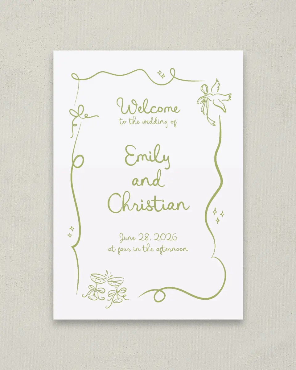 This is a 20" x 28" Welcome Sign called Wedding Whimsy printed in full color