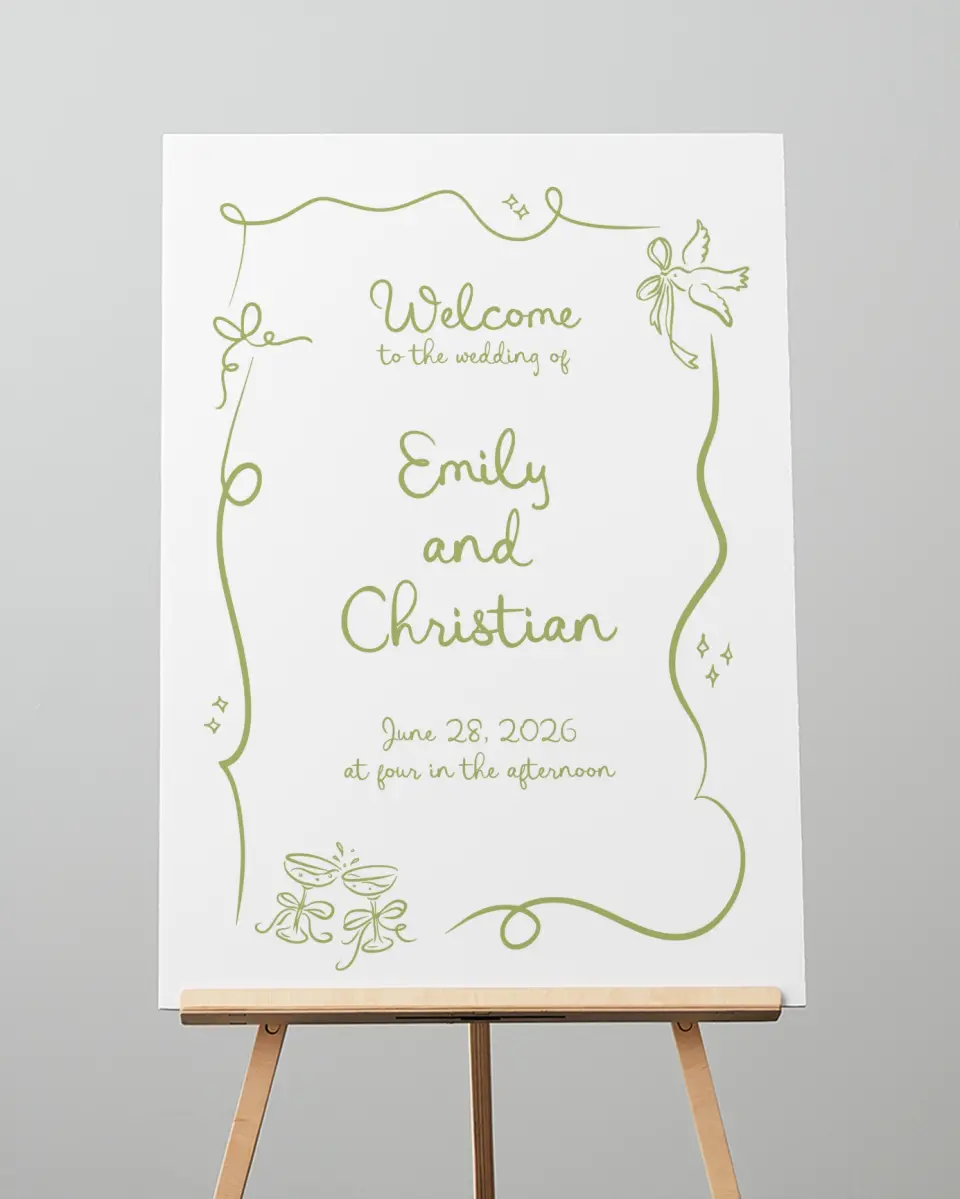 This is a 20" x 28" Welcome Sign called Wedding Whimsy printed in full color