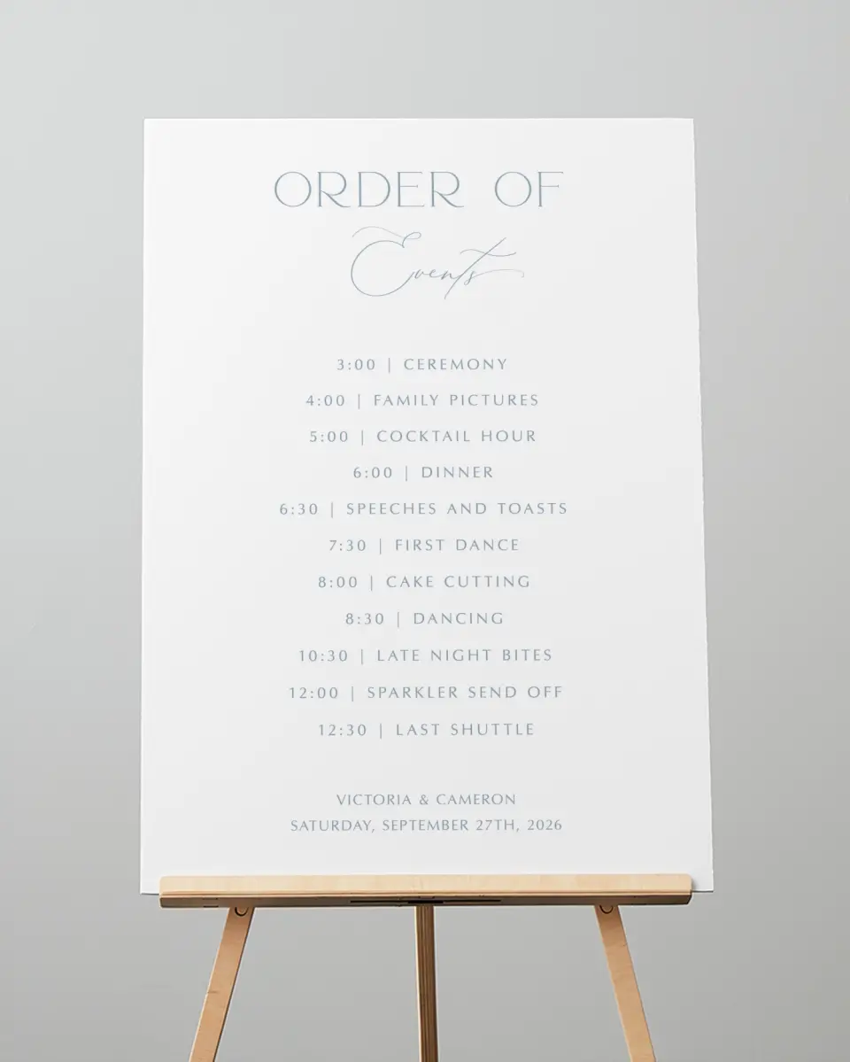 This is a 20" x 28" Schedule Sign called The Victoria printed in full color