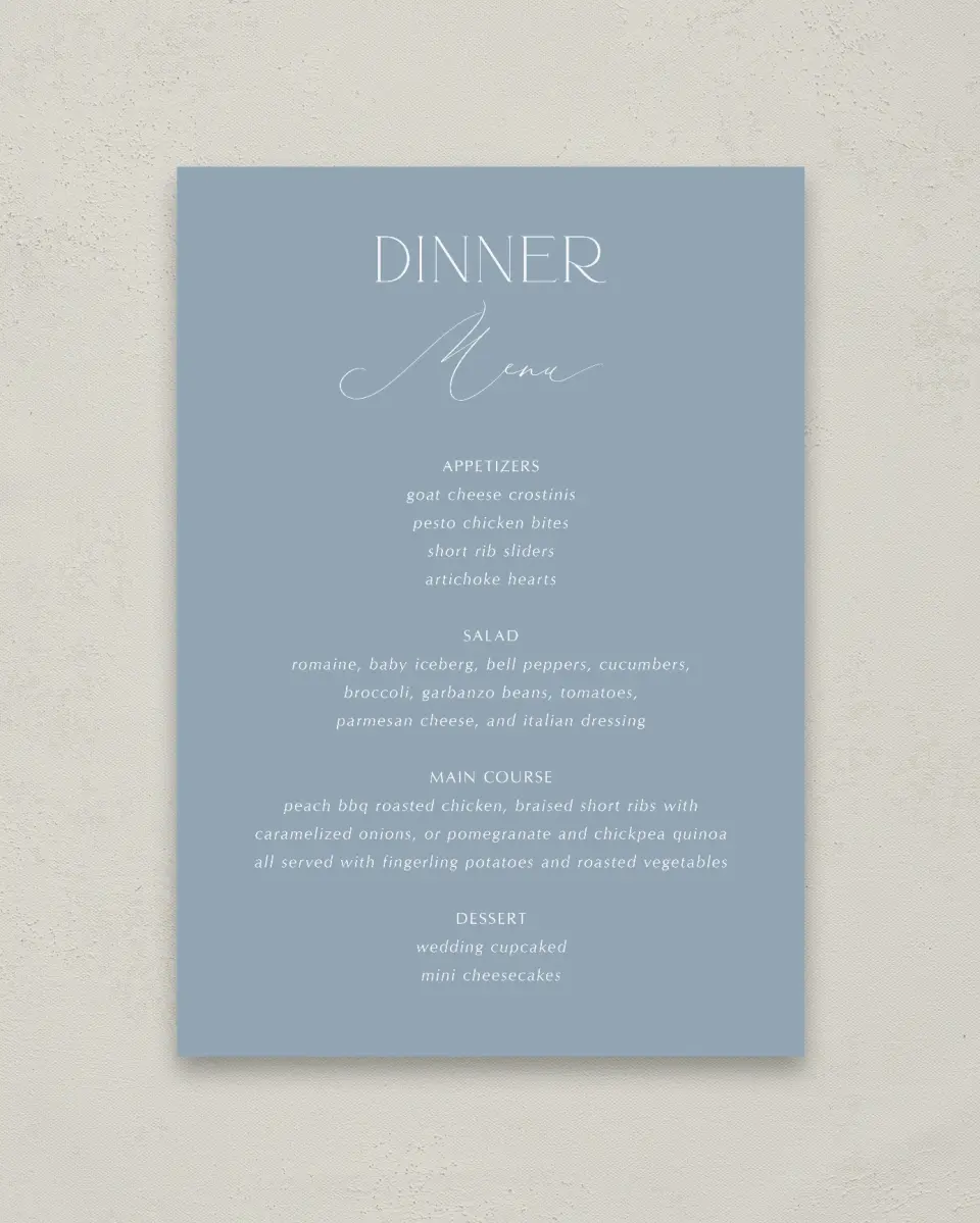 This is a 20" x 28" Menu Sign called The Victoria printed in full color with Silver foil