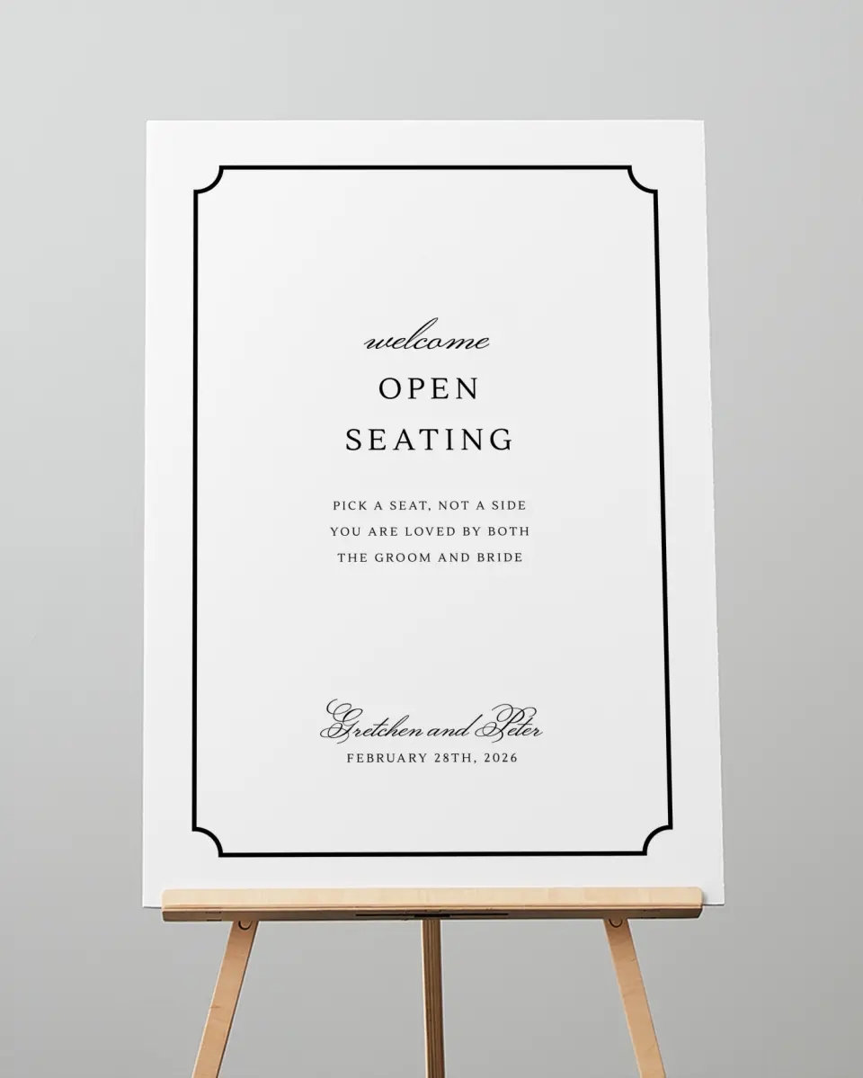 This is a 20" x 28" Pick a Seat Sign called Elegant Tradition printed in full color