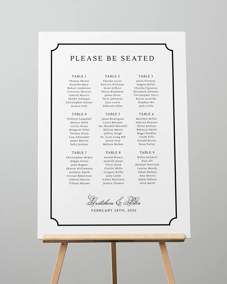 This is a 20" x 28" Seating Chart Sign called Elegant Tradition printed in full color