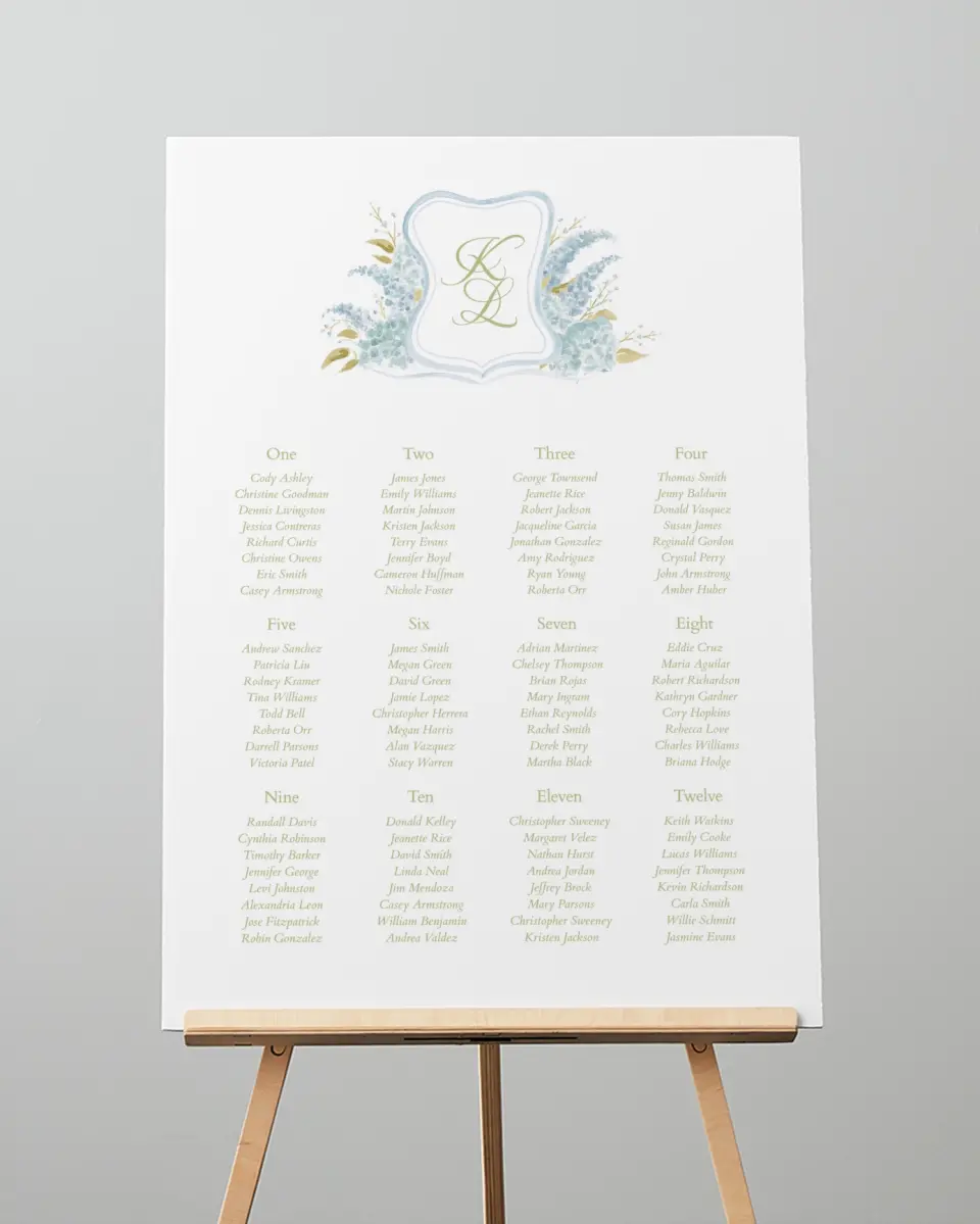 This is a 20" x 28" Seating Chart Sign called Southern Belle printed in full color with Gold foil