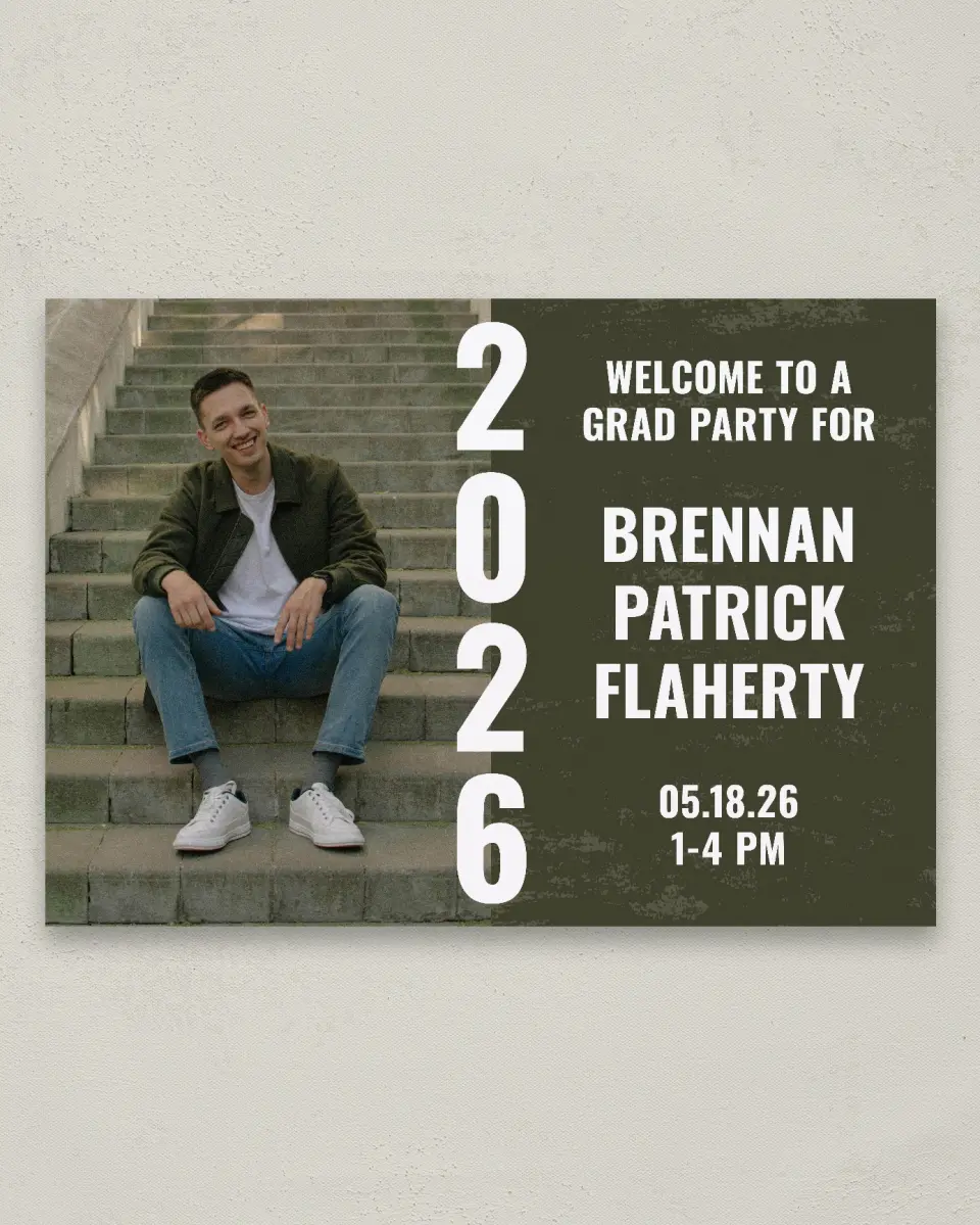 This is a 20" x 28" Welcome Grad Sign called Genuine Graduate printed in full color
