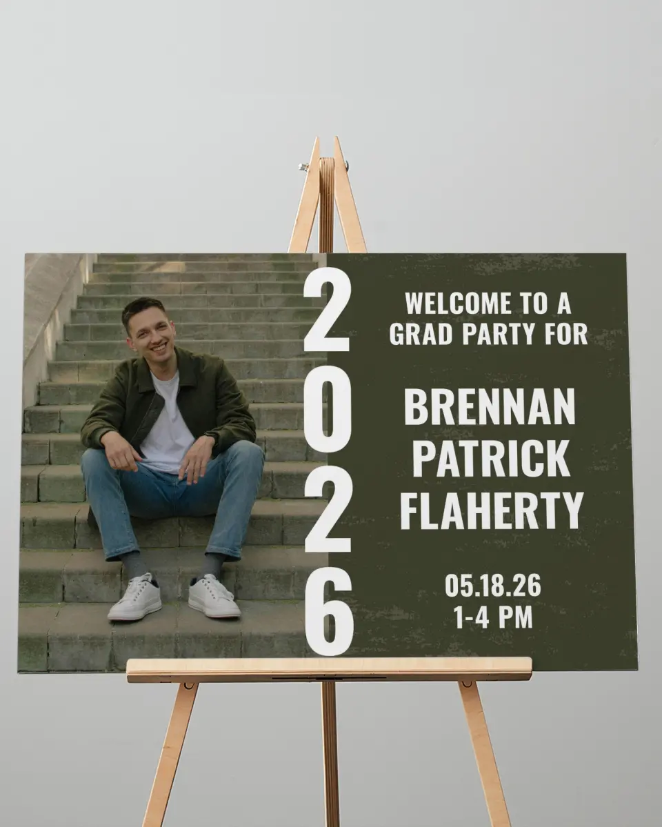 This is a 20" x 28" Welcome Grad Sign called Genuine Graduate printed in full color