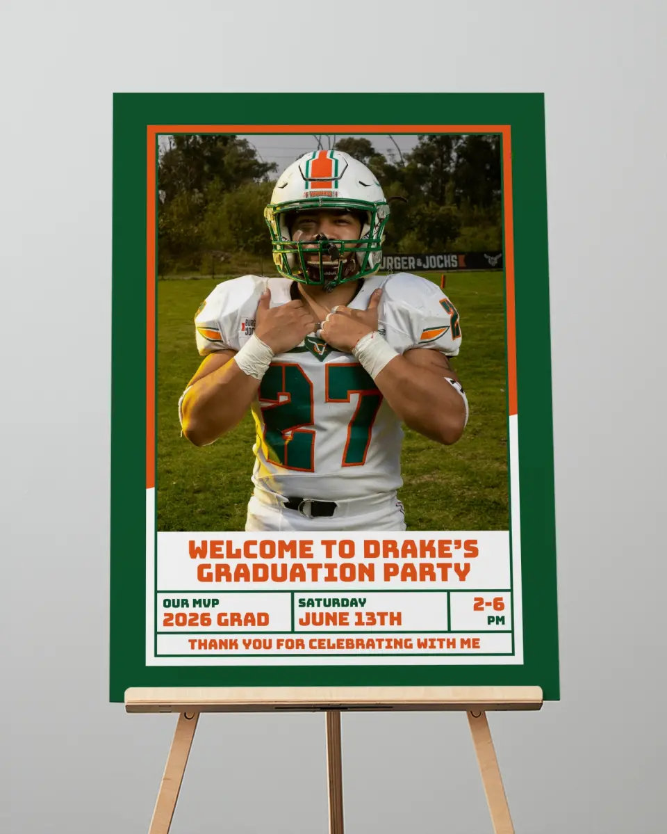 This is a 20" x 28" Welcome Grad Sign called MVP Grad printed in full color with Silver foil