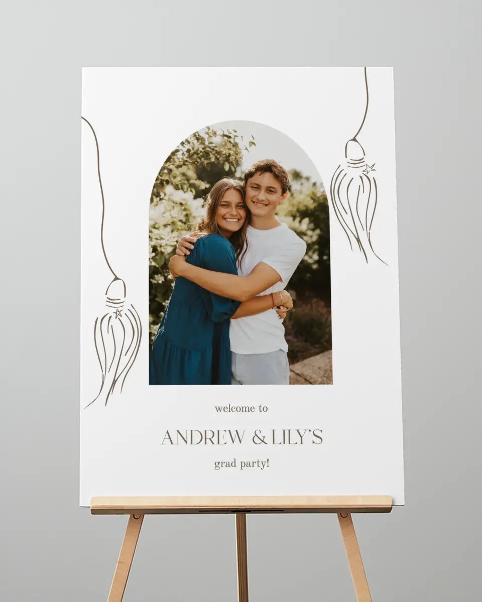 This is a 20" x 28" Welcome Grad Sign called Cap and Gown printed in full color