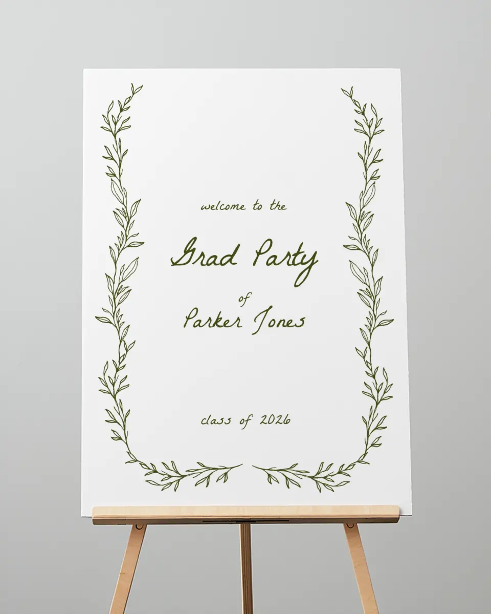 This is a 20" x 28" Welcome Grad Sign called Flourish & Thrive printed in full color with Silver foil