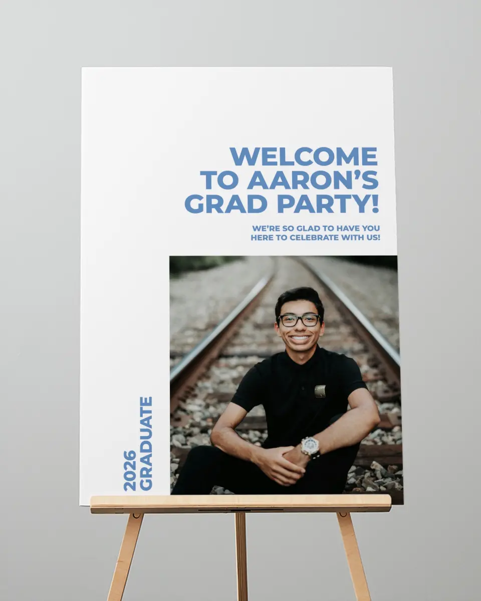 This is a 20" x 28" Welcome Grad Sign called Bright Beginnings printed in full color