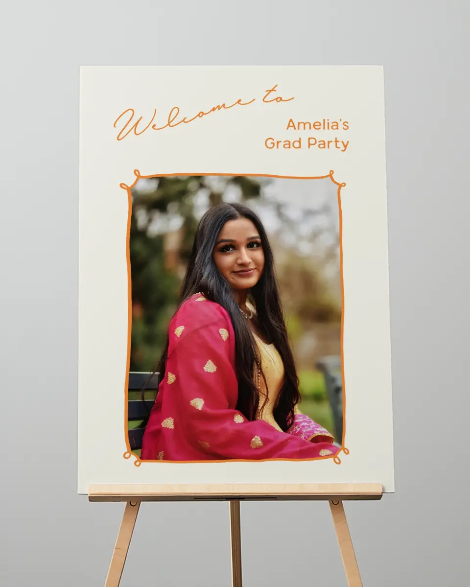 This is a 20" x 28" Welcome Grad Sign called Grand Grad printed in full color