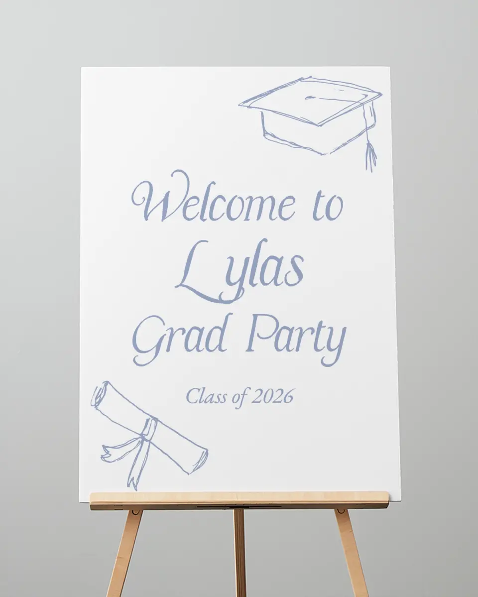 This is a 20" x 28" Welcome Grad Sign called Time to Party printed in full color with Silver foil