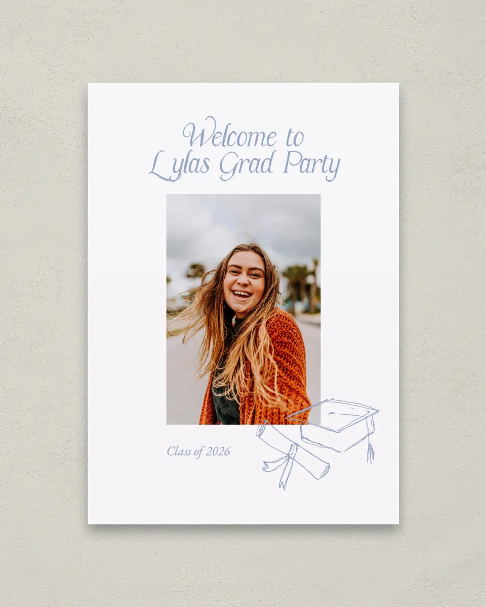 This is a 20" x 28" Welcome Grad Sign called Time to Party printed in full color