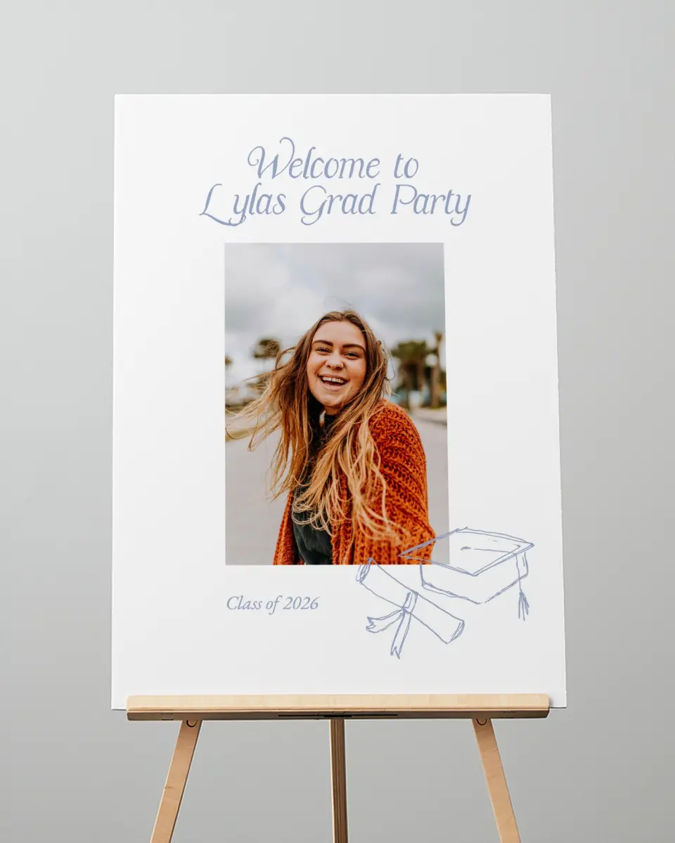 This is a 20" x 28" Welcome Grad Sign called Time to Party printed in full color with Silver foil