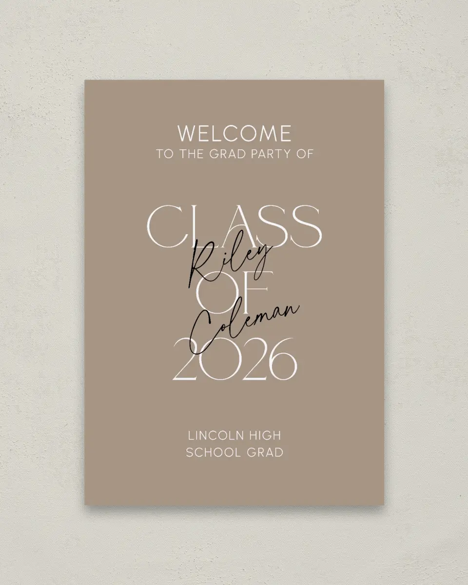 This is a 20" x 28" Welcome Grad Sign called Layered Snapshots printed in full color