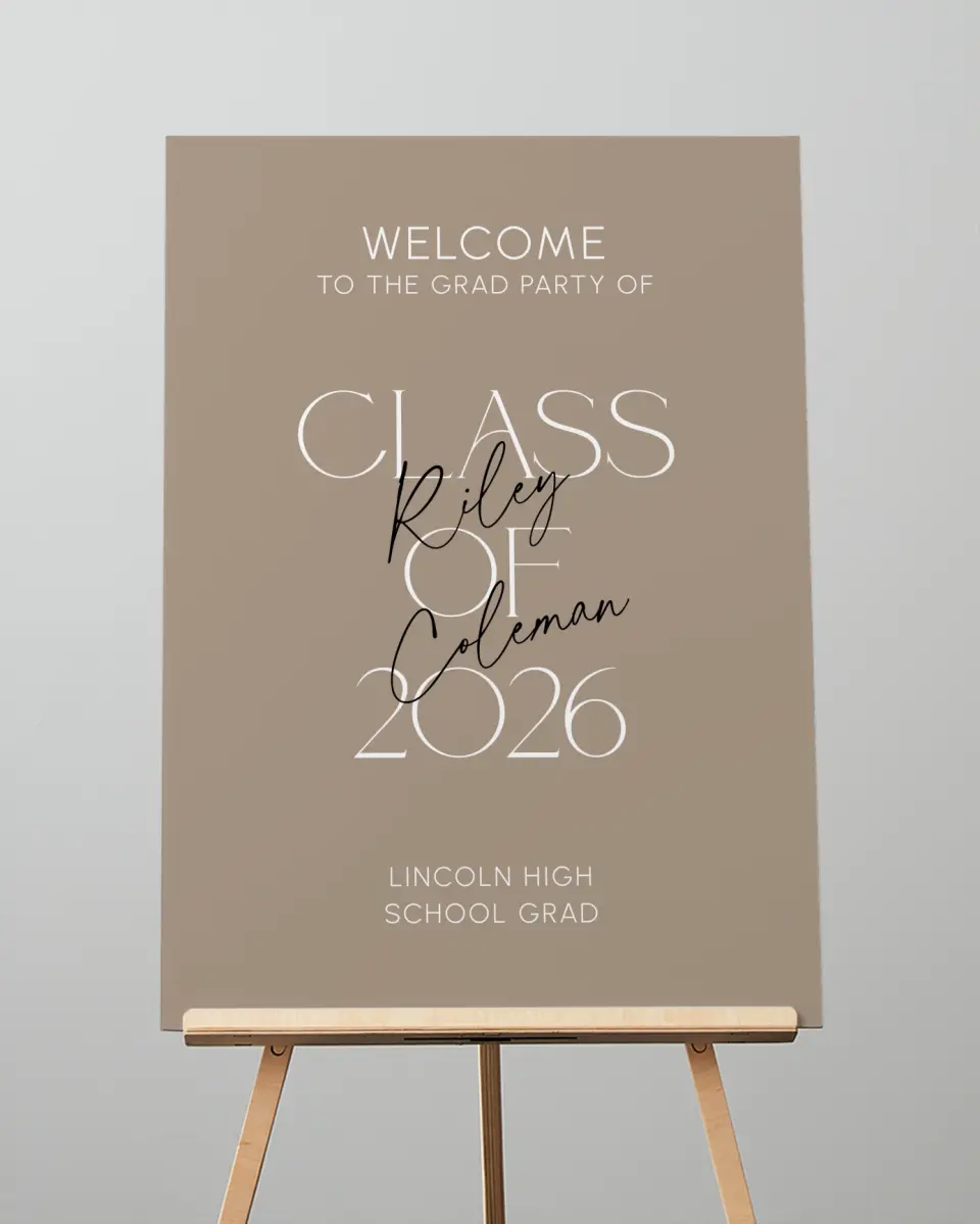 This is a 20" x 28" Welcome Grad Sign called Layered Snapshots printed in full color