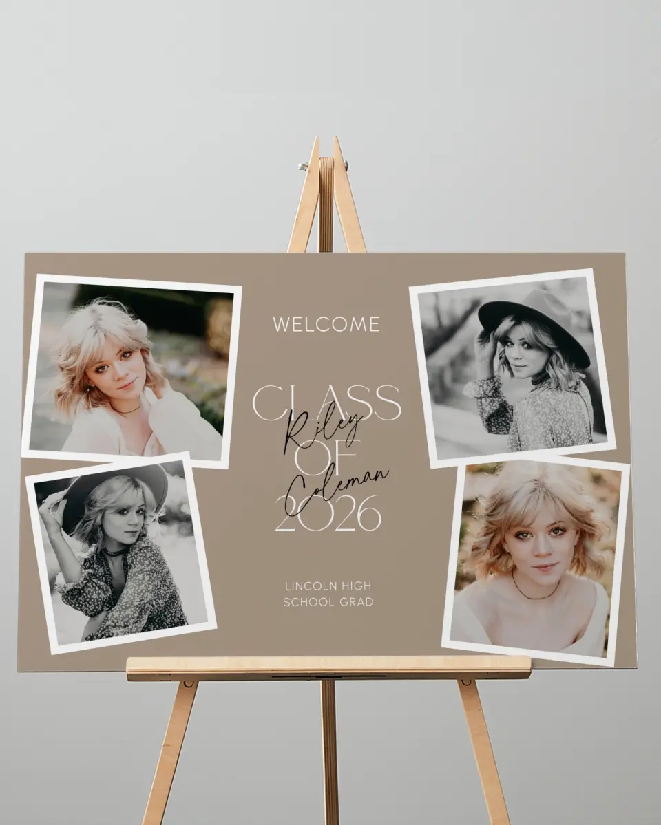 This is a 20" x 28" Welcome Grad Sign called Layered Snapshots printed in full color