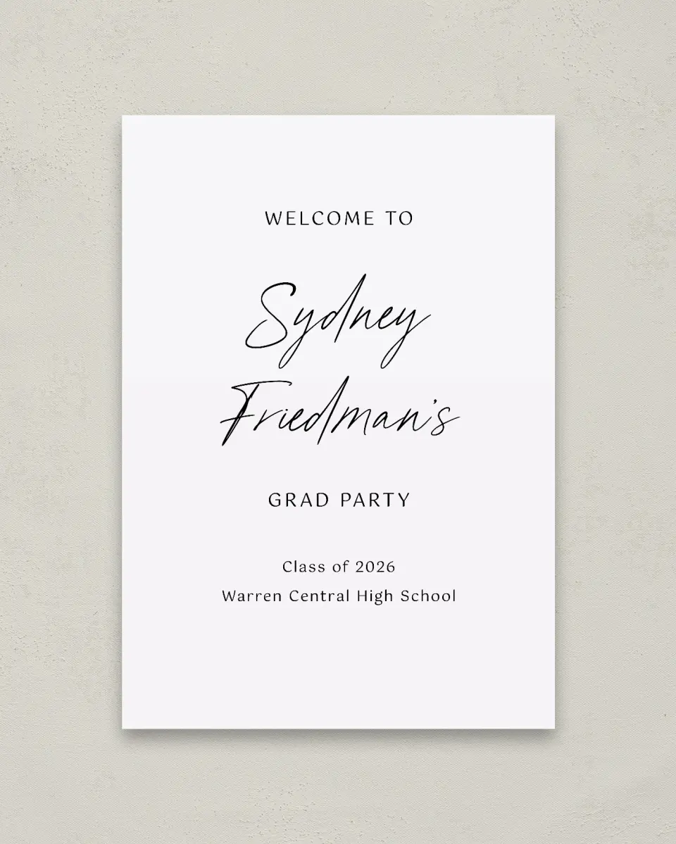 This is a 20" x 28" Welcome Grad Sign called Timeless Graduate printed in full color