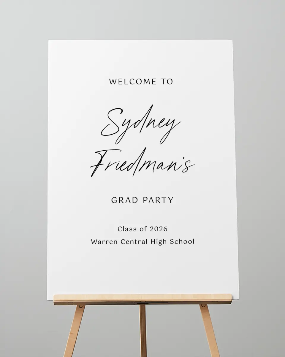 This is a 20" x 28" Welcome Grad Sign called Timeless Graduate printed in full color