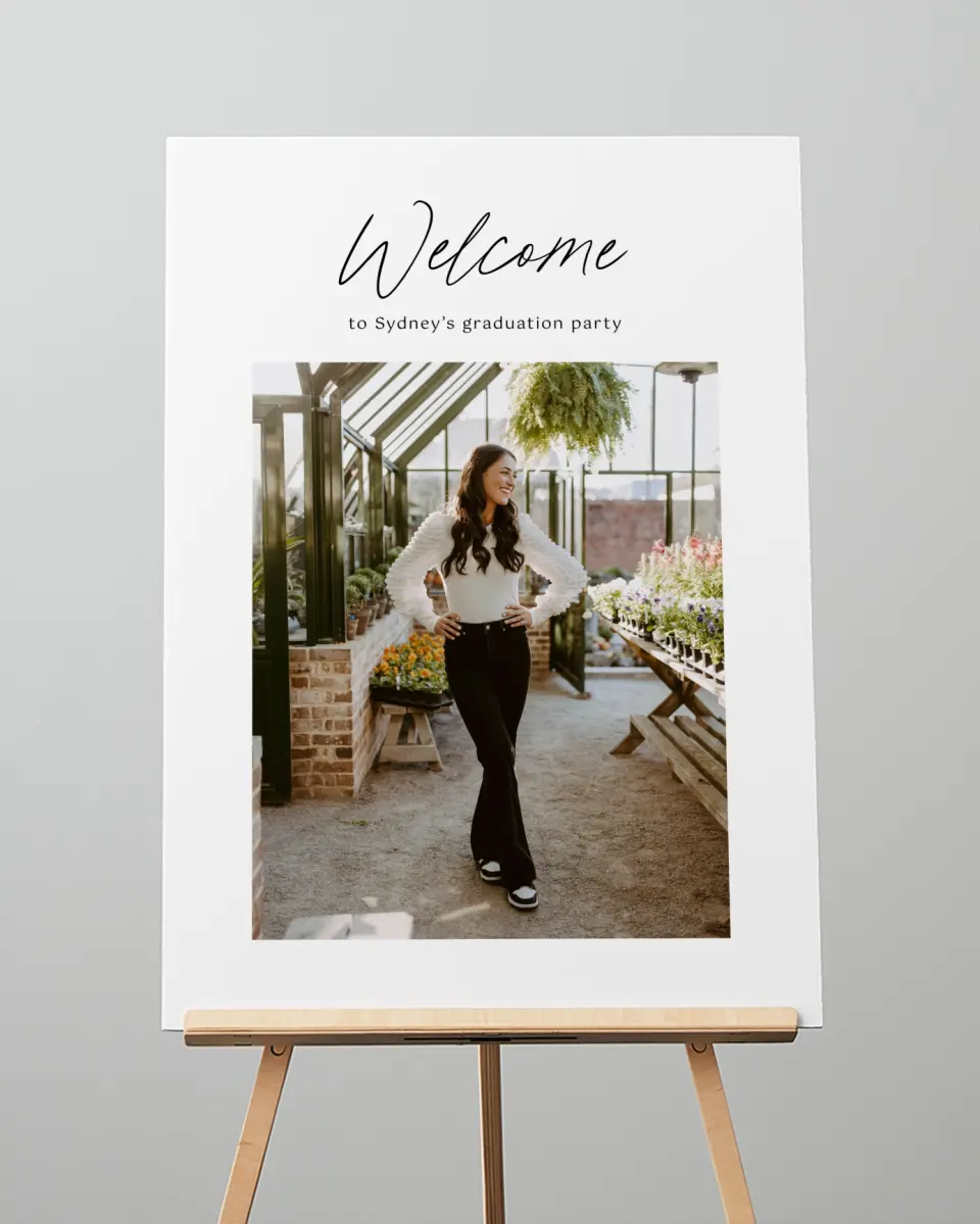 This is a 20" x 28" Welcome Grad Sign called Timeless Graduate printed in full color