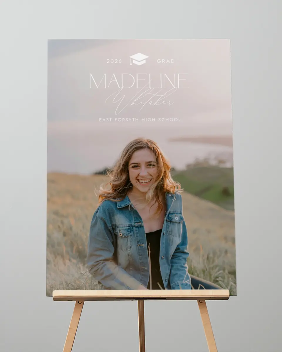 This is a 20" x 28" Welcome Grad Sign called Crowning Moment printed in full color with Silver foil